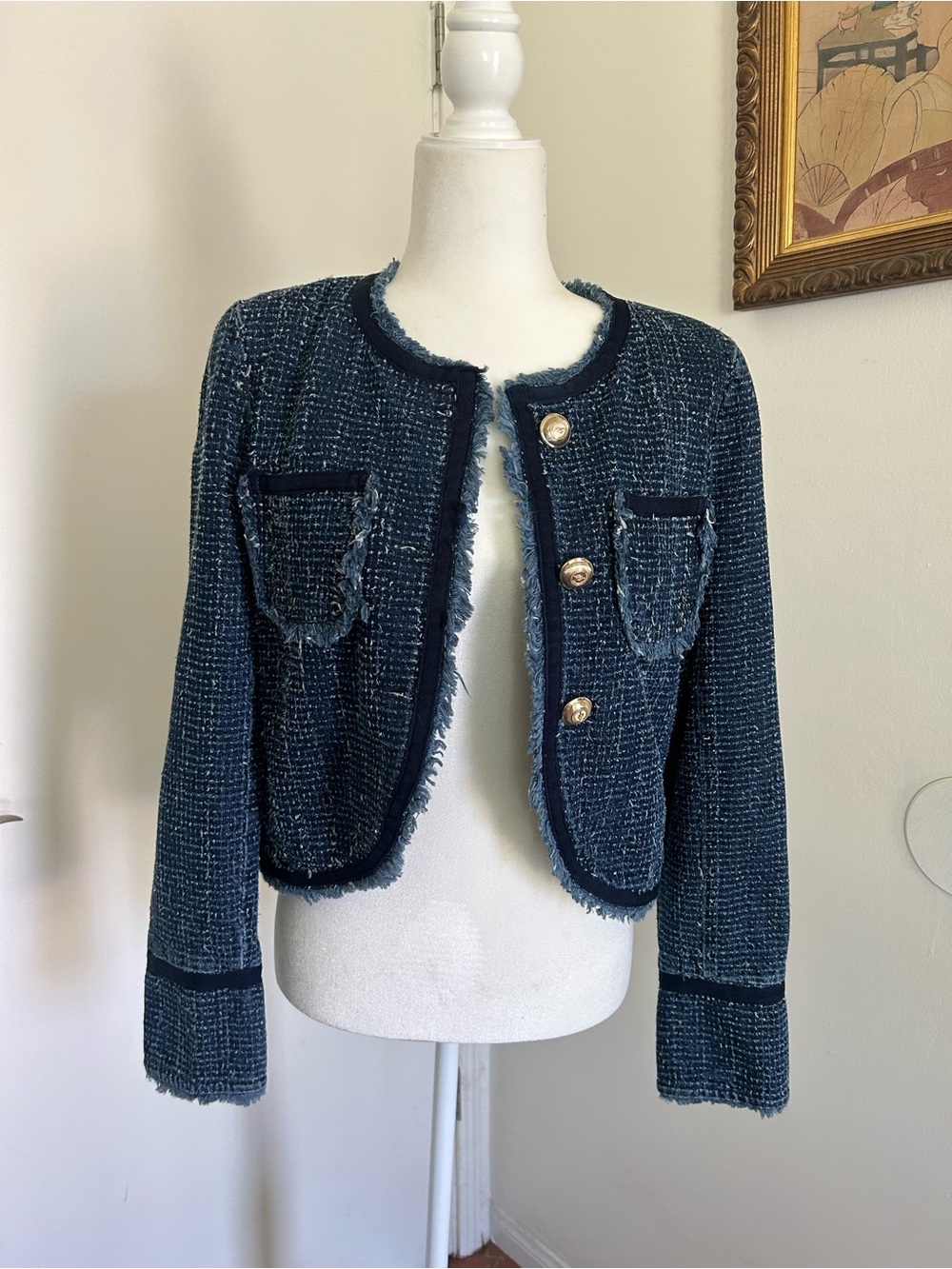 Cinq a Sept Navy Tweed Frayed Edge Jacket